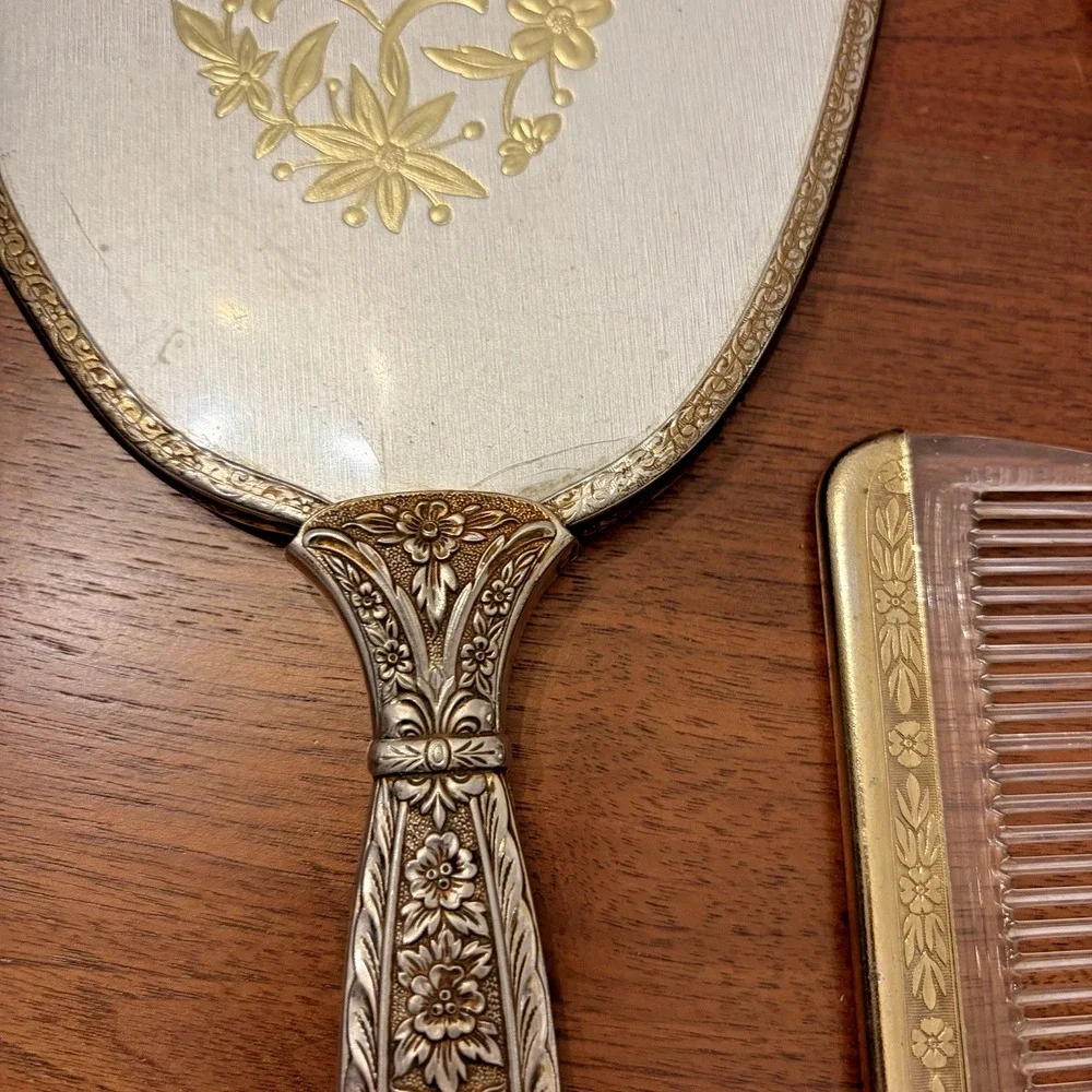 Vintage 1950s Hollywood Regency Gold Plated Mirror Brush Comb Vanity Set Bird